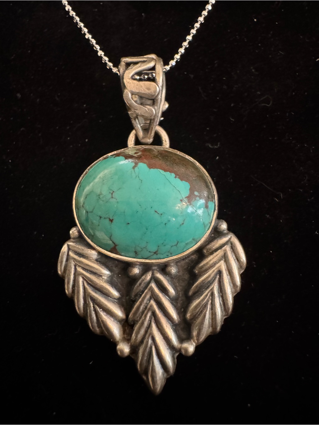 Genuine Turquoise Statement Pendant Necklace - Sterling Silver Leaf Design